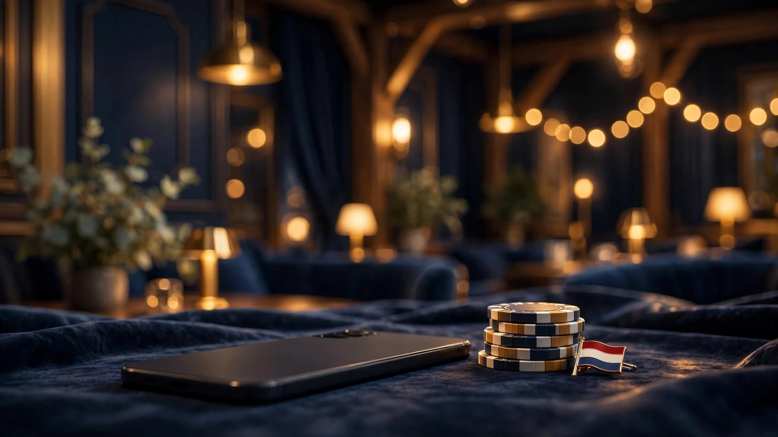 Sfeervolle Nederlandse casino-achtige setting met smartphone en fiches
