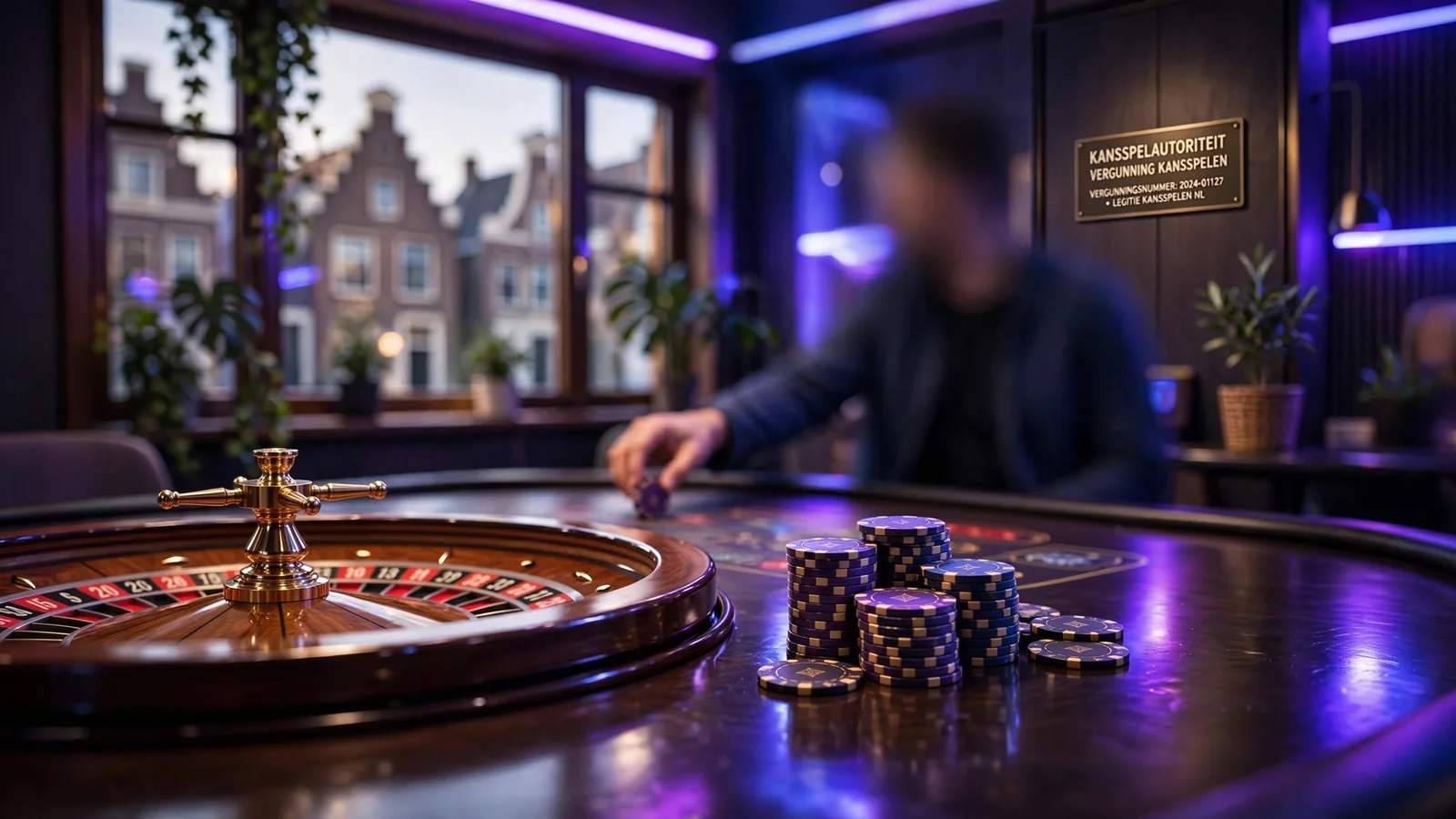 Stijlvolle casinosfeer met roulettewiel en fiches in een modern Nederlands online casino