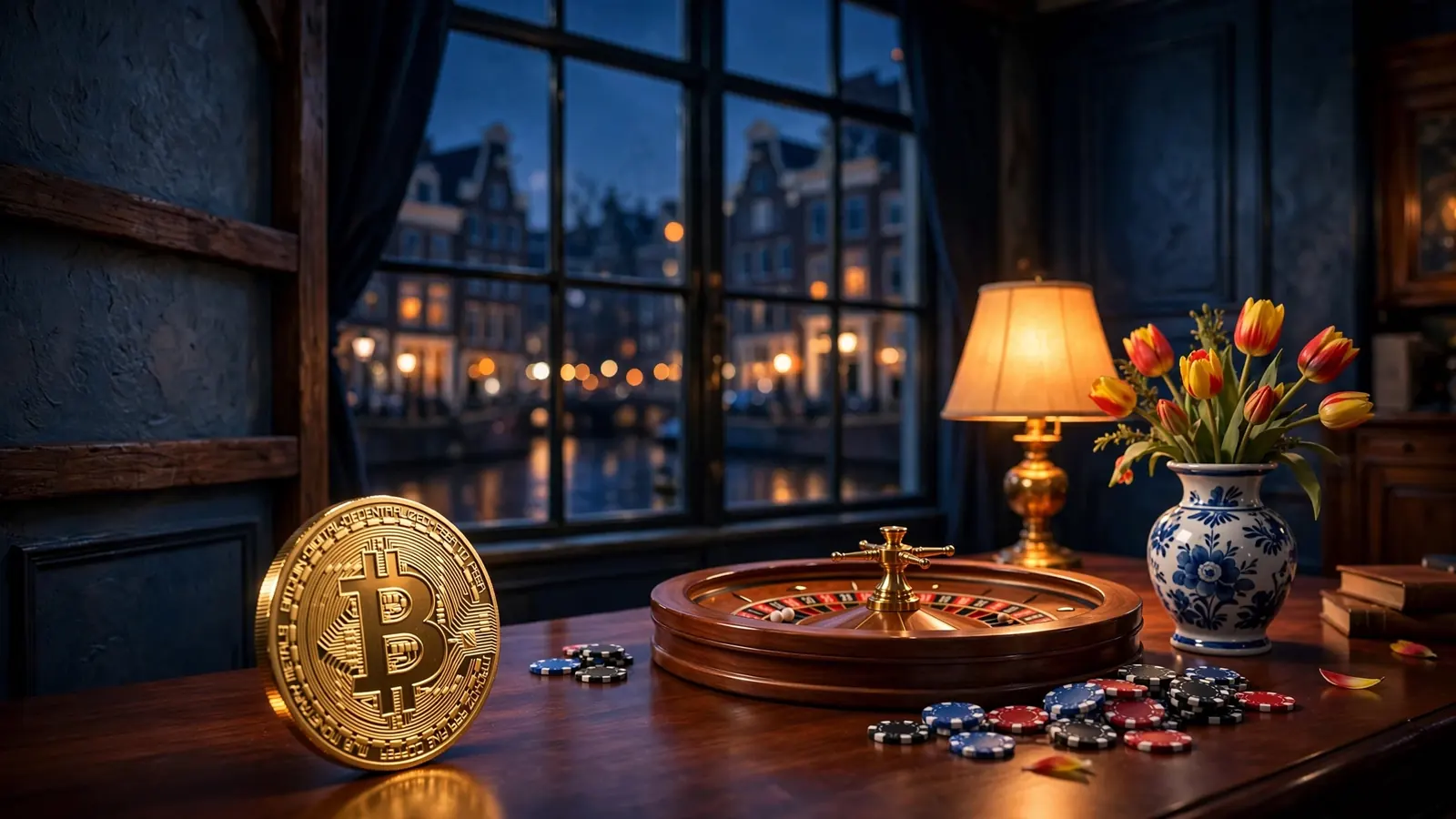 Sfeervolle nachtscène met roulette, chips en Bitcoin-munt in een Amsterdams grachtenpand.