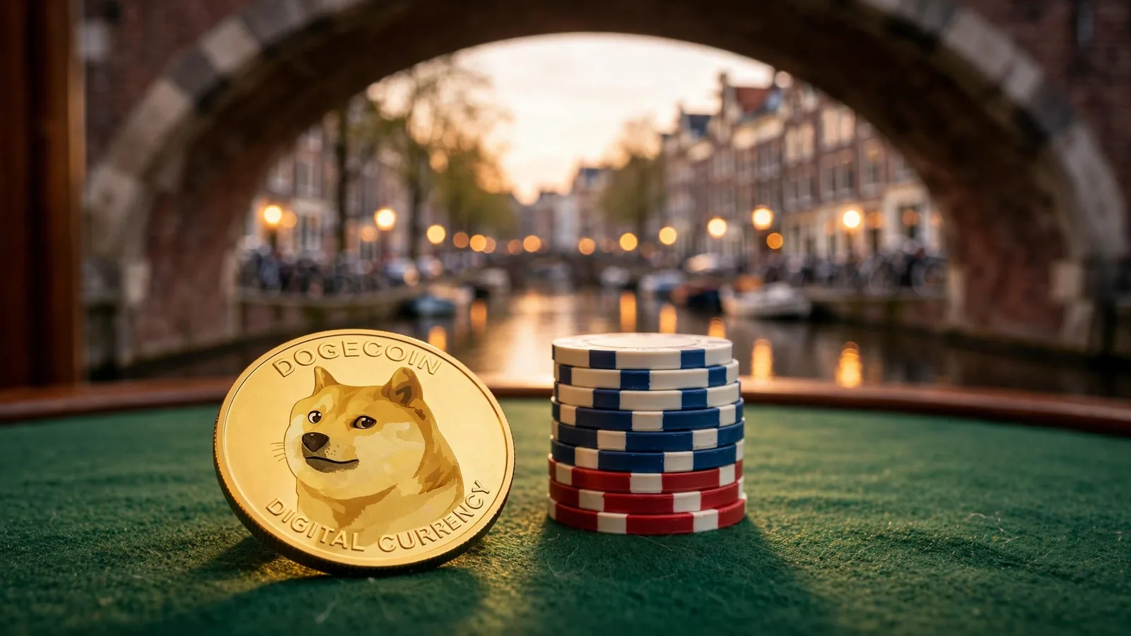 Hondecoin-munt op groene casinotafel met Nederlandse gracht en grachtenpanden op de achtergrond