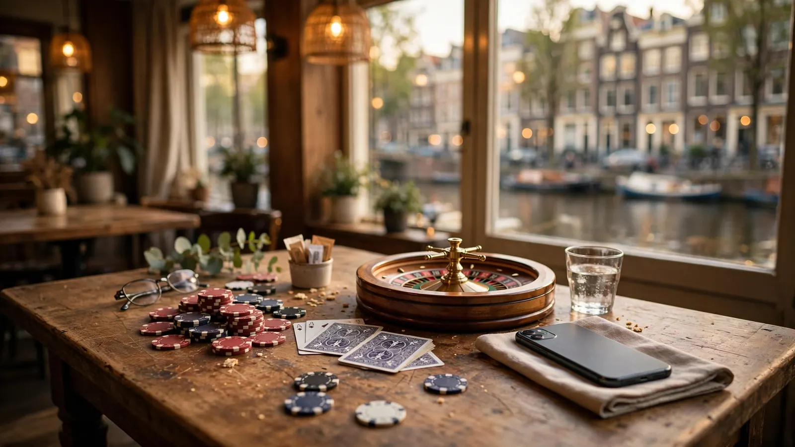 Casinospullen op een houten tafel in een Nederlands café