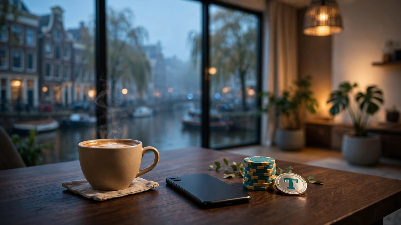 Tether casino chips en crypto-munt op tafel in modern Nederlands interieur