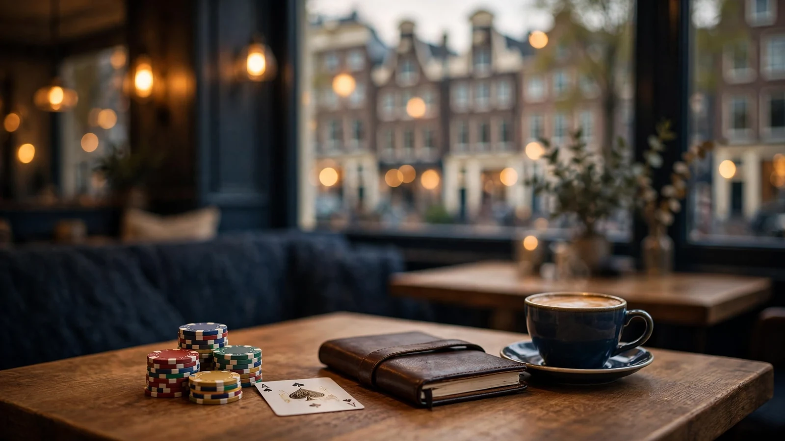 Sfeer in een Amsterdams café met casinofiches en een speelkaart op tafel