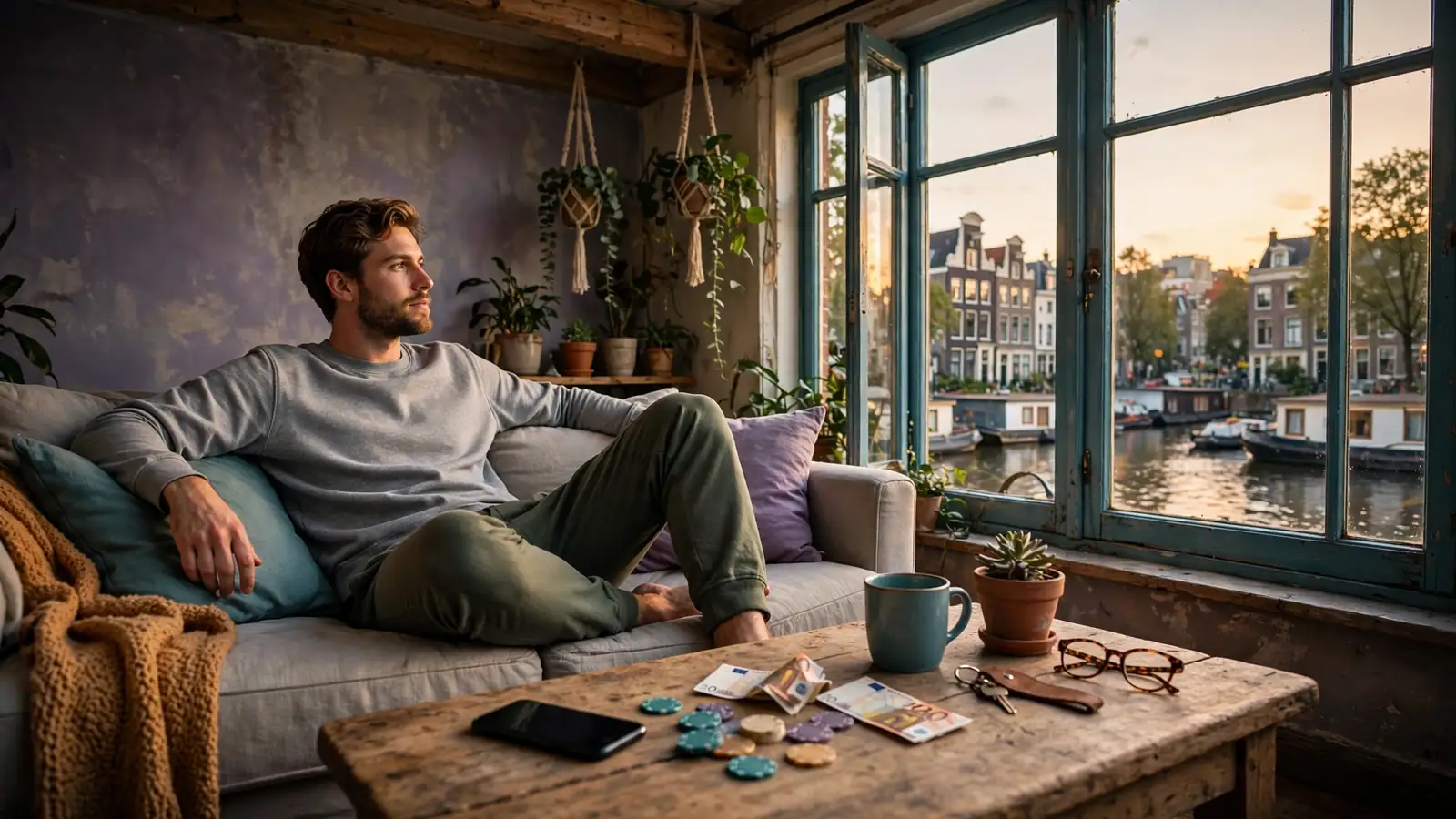 Ontspannen sfeer met casinofiches en euro's bij een smartphone in een Nederlands appartement