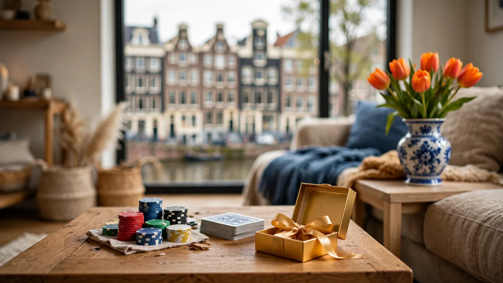 Nederlandse woonkamer met casinofiches, speelkaarten en een gouden cadeau als welkomstbonus