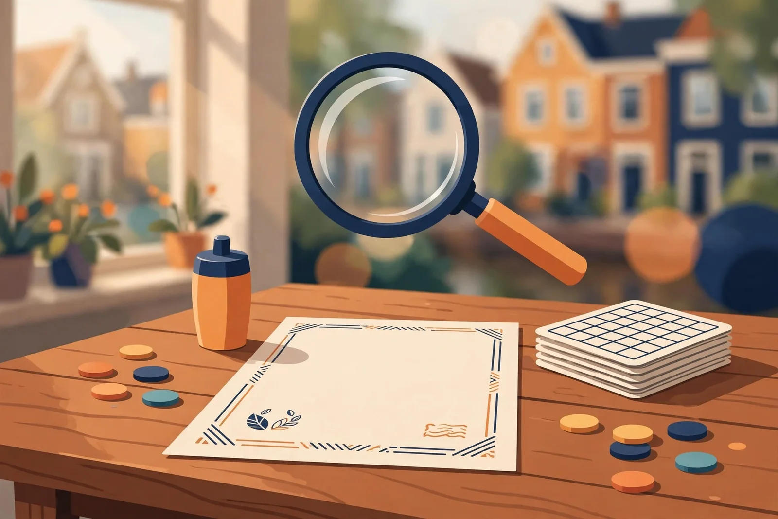Vergrootglas boven een licentiebewijs met bingokaarten en fiches