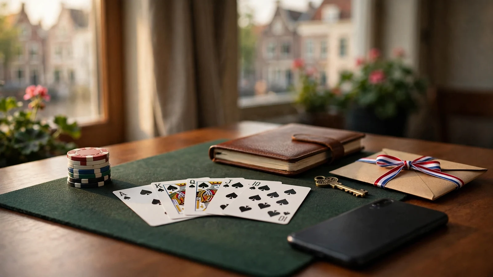 Nederlandse casinotafel met fiches, speelkaarten en een gesloten telefoon